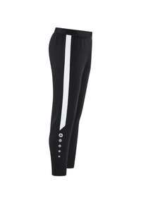 Pantalons de sport noirs en tissu lisse avec une bande verticale blanche. Comprend un logo et des accents de boutons sur la partie inférieure de la jambe. Ceinture ajustable.