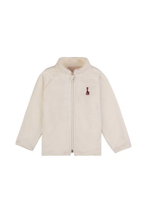 Cream-colored long-sleeve zip-up jacket with a small dark red giraffe logo on the left chest and a stand-up collar.
