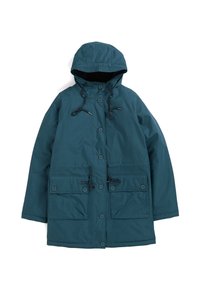 Tyrkysová nepromokavá parka s kapucí, s předním zipem a knoflíkovým zapínáním, dvěma velkými našitými kapsami a nastavitelnými stahovacími detaily.