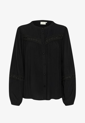 Black blouse with long, puffed sleeves, featuring a round neckline, embroidered detailing across the chest, and front button closure.