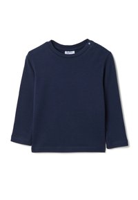 Marineblaues Langarmshirt aus weichem Stoff, mit rundem Ausschnitt und einer Schulterklicköffnung für einfaches Anziehen. Glatte Textur, ohne Muster.
