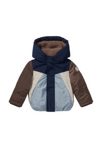 Ocieplana kurtka z kapturem z panelami w kolorach granatowym, brązowym i jasnoniebieskim. Miękka brązowa podszewka, elastyczne mankiety oraz dwie przednie kieszenie.