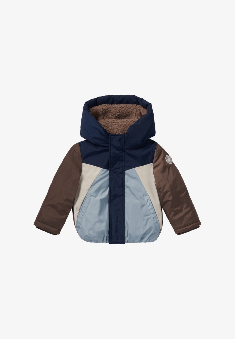 Ocieplana kurtka z kapturem z panelami w kolorach granatowym, brązowym i jasnoniebieskim. Miękka brązowa podszewka, elastyczne mankiety oraz dwie przednie kieszenie.