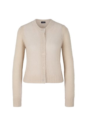 Cardigan en tricot beige avec un col rond, des manches longues, une fermeture à boutons et des poignets et un ourlet côtelés. Texture douce avec un minimum de détails.