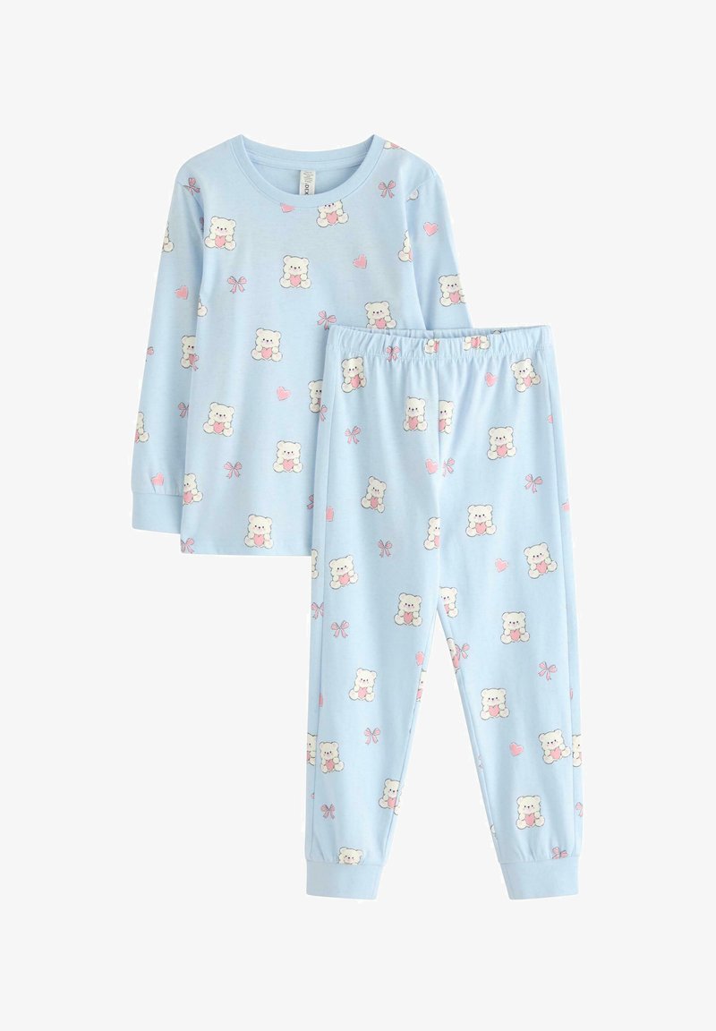 Helles blaues Schlafanzugset mit langärmligem Oberteil und Hose, verziert mit Teddybaermotiven und Schleifenmustern. Hergestellt aus weichem, atmungsaktivem Stoff.