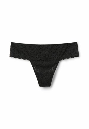 Zwart kanten string met een golvende tailleband, versierd met bloemmotieven en een semi-doorzichtige textuur. Ontworpen voor minimale bedekking.