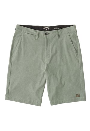 Gray-green shorts made from lightweight fabric, featuring a classic design with two side pockets and a small logo on the hem.