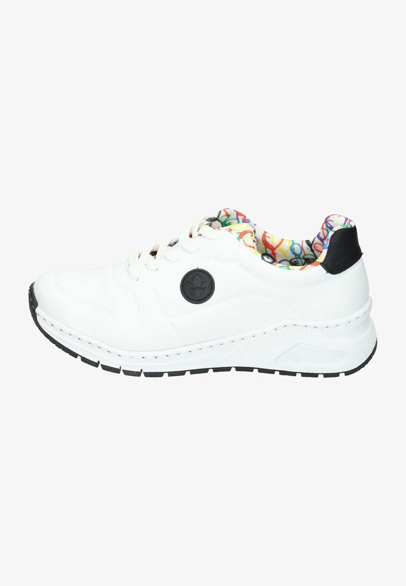 White athletic shoe with a textured rubber sole, black accents, and multicolored patterned lining. Features rounded toe and lace-up design.