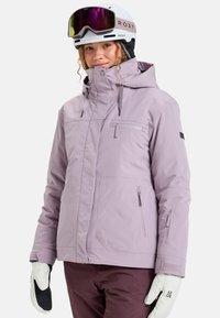 Light purple ski jacket with a hood, front pockets, and zip closures. Features a textured finish and adjustable drawstrings.