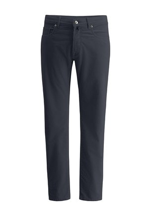 Dunkelgraue Hose mit geradem Bein, vorderen Taschen, Gürtelschlaufen, Knopfverschluss und subtiler vertikaler Rippenstruktur im Stoff.