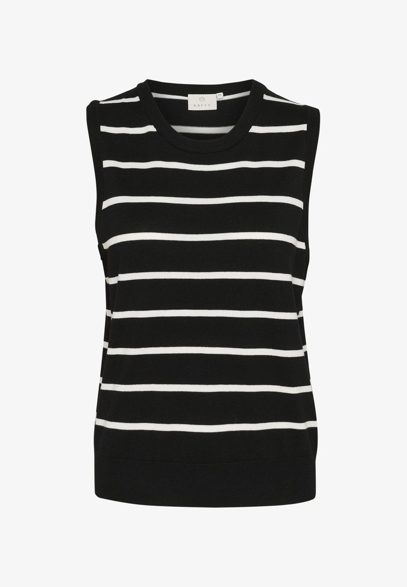Gilet sans manches noir en tricot avec des rayures horizontales blanches et un col rond.