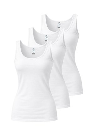 Three plain white sleeveless tank tops arranged side by side on a white background.