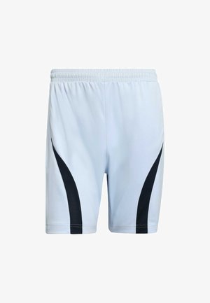 Svijetloplave sportske kratke hlače s crnim zakrivljenim dizajnom sa strane, elastičnim pojasom i glatkom teksturom, prikladne za sportske aktivnosti.
