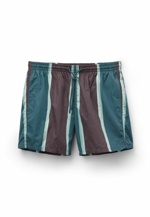 Mehrfarbige Badeshorts mit vertikalen Streifen in Türkis, Dunkelblau und Hellblau. Elastischer Bund mit verstellbarem Kordelzug.