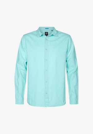 Světle modrá dlouhá košile s knoflíky vyrobená z texturované látky. Má standardní límec a plné zapínání na knoflíky.