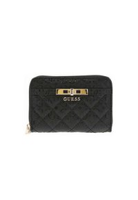 Sort, kviltet lynlå Geldbörse med guldfarvet GUESS-logo og dekorativ lås på fronten.
