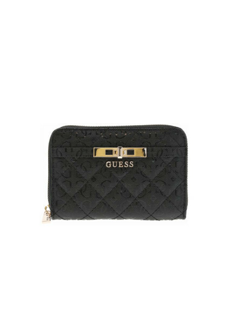 Sort, kviltet lynlå Geldbörse med guldfarvet GUESS-logo og dekorativ lås på fronten.