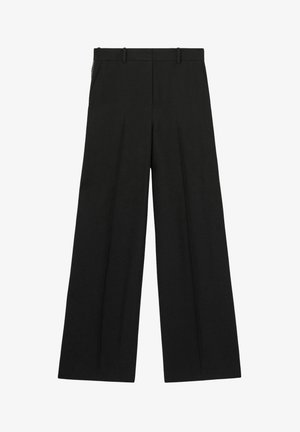 Juodos plačios kojų kelnės su lygiu priekiu, pūtimais ir dirželių kilpomis. Pagamintos iš lygaus audinio su šoninėmis kišenėmis.