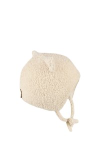 Cream-colored teddy fleece baby bonnet with small ears and tied straps, soft textured fabric for warmth and comfort.
