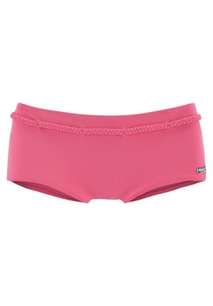 Pink swim shorts made of stretchy fabric, featuring a braided waistband, a solid color design, and a tag on the side.