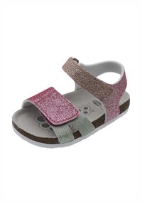 Sandalini per bambini luccicanti nei colori rosa, argento e verde. Presentano cinturini regolabili, una soletta imbottita e una suola in sughero naturale.