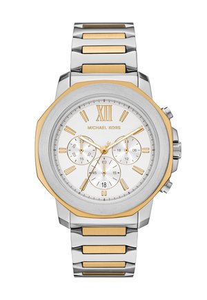 Zweifarbige silberne und goldene Michael Kors Armbanduhr mit weißem Zifferblatt, römischen Ziffern, drei Hilfszifferblättern, Datumsfenster und Metallgliederarmband.