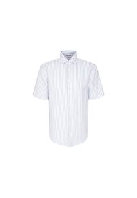 Camicetta a maniche corte in blu chiaro e bianco a righe, colletto button-down, materiale in cotone, taschino singolo sul petto sinistro.