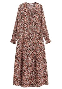 Robe midi à manches longues avec motif floral rose, pêche et blanc sur fond noir, avec poignets et taille froncés.