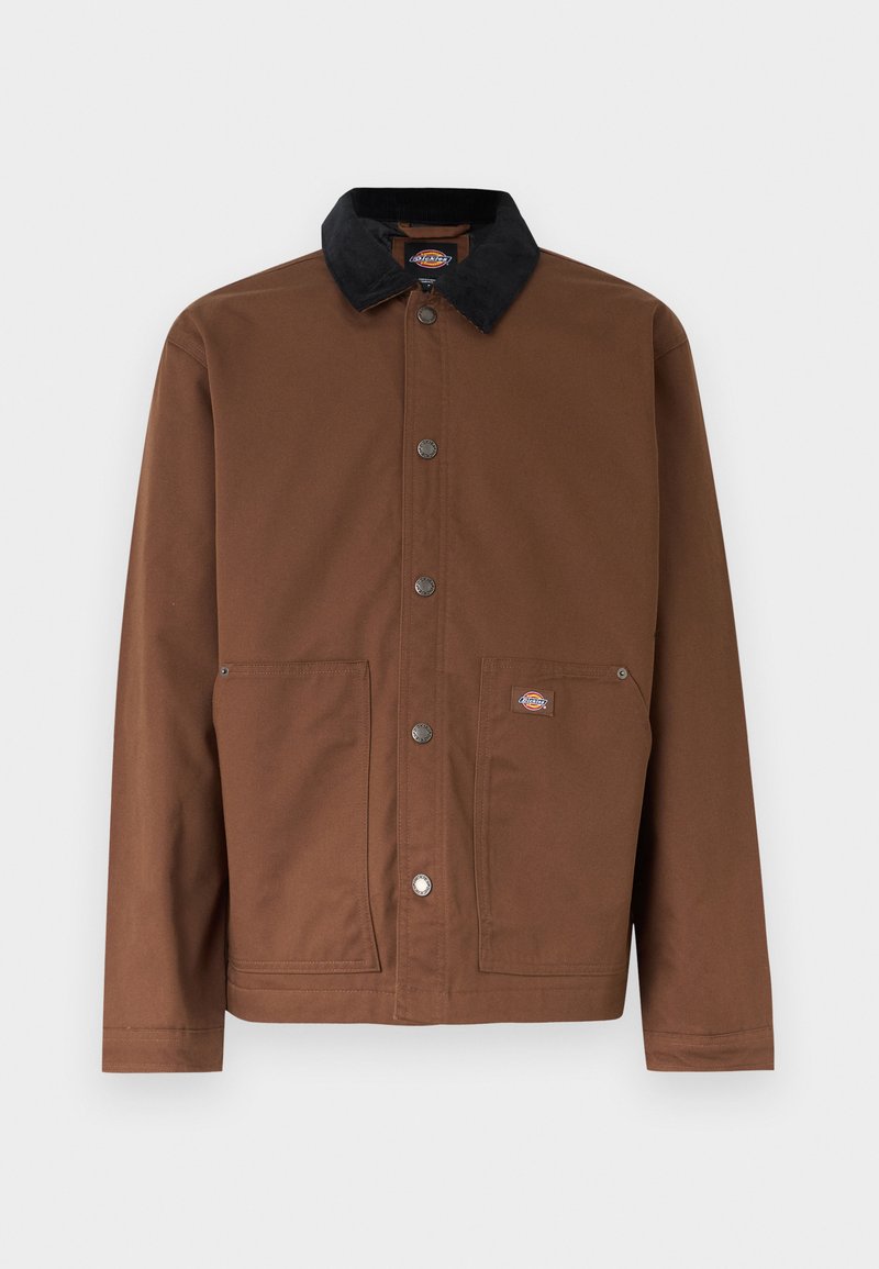 Brown button-up jacket with black collar, two front pockets, and a small logo patch on the right pocket.