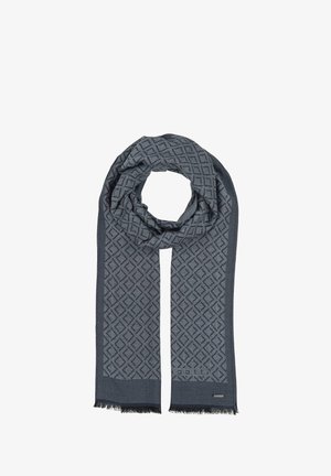 Grijze gebreide sjaal met een getextureerd ruitpatroon, afgewerkt met rafelige randen en een subtiele merketiket.