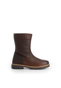Brune leren laars tot halverwege de kuit met een gestructureerde bovenkant, een gladde onderkant, beige stiksels en een geribbeld donkerbruin rubberen zool.