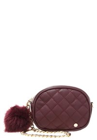 Burgundy quilted crossbody bag in faux leather, featuring a gold chain strap and a fluffy pom-pom accent on the zipper pull.