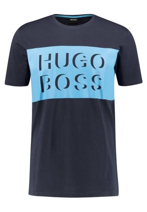 T-shirt z krótkim rękawem w kolorze granatowym i jasnoniebieskim. Na przodzie wycięte czarne litery "HUGO BOSS". Gładka bawełniana tkanina. Okrągły dekolt.