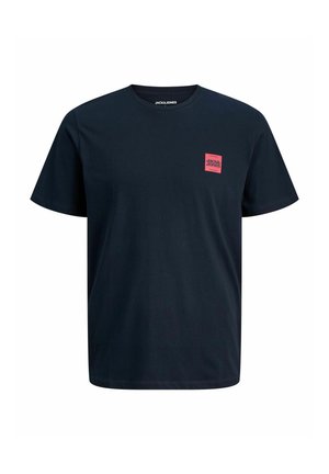 Navy blue cotton t-shirt with short sleeves, round neckline, and a pink square logo on the left chest. Smooth texture, regular fit.