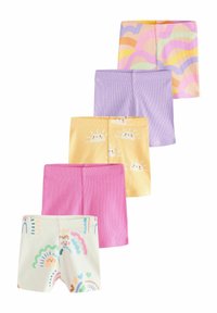 Fem par barnshorts i olika färger: gula med soltryck, rosa, lila, mönstrade med pastellvågor och vita med regnbågsdesign.