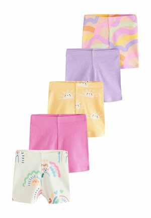 Fünf Paar Kleinkind-Shorts in verschiedenen Farben und Mustern: Creme mit Regenbögen, Pink, Gelb mit lächelnden Sonnen, Lila und pastellfarbenen abstrakten Formen.