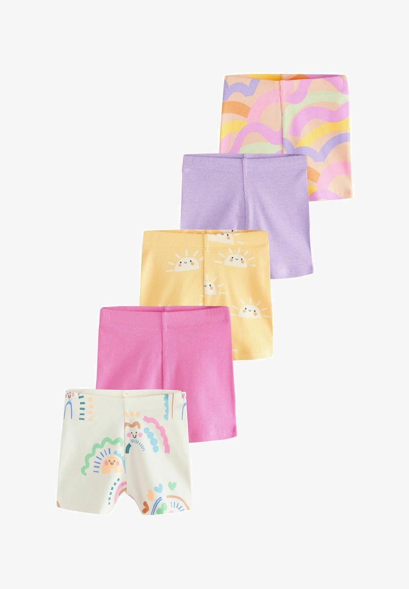 Cinq paires de shorts pour tout-petits dans différentes couleurs et motifs : crème avec des arcs-en-ciel, rose, jaune avec des soleils souriants, violet et formes abstraites pastel.