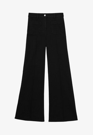 Black high-waist wide-leg jeans with front patch pockets, belt loops, and a front button closure.