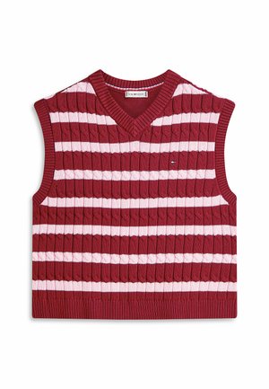 Rot- und pinkgestreifte kabelgestrickte ärmellose Pulloverweste mit V-Ausschnitt und kleinem Logo auf der Brust.