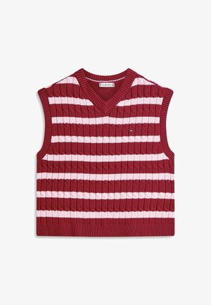 Rød- og pinkstribet kabelstrikket ærmeløs sweatervest med V-hals og lille logo på brystet.