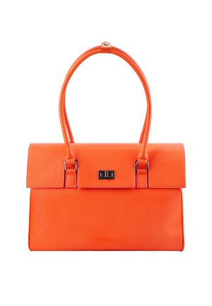 Borsa a mano in pelle arancione con design strutturato, due manici superiori, chiusura magnetica e dettagli in metallo argentato.