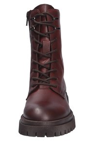 Brown leather lace-up ankle boot featuring a round toe, brown laces, metal eyelets, and a textured rubber sole with ridges.