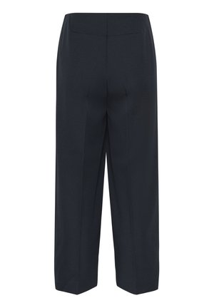 Pantaloni largi de culoare bleumarin închis, cu o textură netedă, având un brâu croiți și două buzunare la spate. Design minimalist cu linii curate.