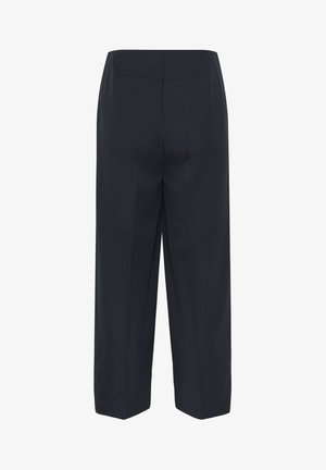 Pantaloni largi de culoare bleumarin închis, cu o textură netedă, având un brâu croiți și două buzunare la spate. Design minimalist cu linii curate.