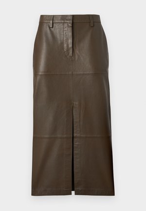Brown leather midi skirt with a front slit, belt loops, paneled design, and a smooth texture. Suitable for various styles.