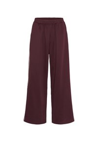 Bordeaux wijde broek met een elastische tailleband, voorzien van zijstrepen en een gladde, zachte stofstructuur.