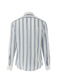 Camicia a maniche lunghe in lino leggero, con righe verticali blu e bianche, polsini con bottone e un design classico del colletto.
