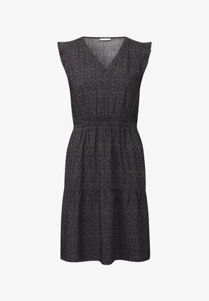 Abito scuro con scollatura a V e maniche a farfalla. Presenta un motivo testurizzato a righe verticali e una vita elasticizzata, design a strati nella gonna.