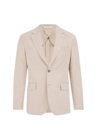 Beige Leinenblazer mit Reverskragen, einzelner Knopfschluss und zwei vorderen Taschen. Glatte Textur mit dezentem Muster.