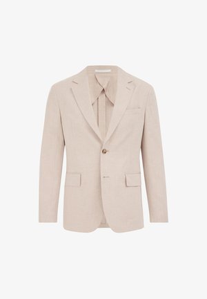 Beige linnen blazer met een notched lapel, enkele knoopsluiting en twee voortassen. Glad oppervlak met een subtiel patroon.